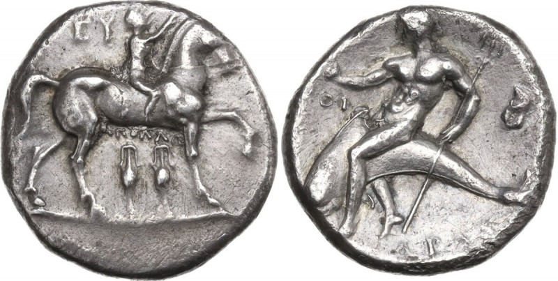 Greek Italy. Southern Apulia, Tarentum. AR Nomos, c. 280-272 BC. Apollo, Eu-, an...