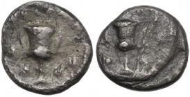 Greek Italy. Southern Apulia, Tarentum. AR Obol, c. 280-228 BC. Obv. Kantharos. Rev. Kantharos. HN Italy 1076. AR. 0.50 g. 8.50 mm. About VF/VF.