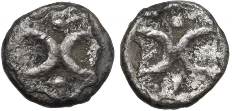 Greek Italy. Southern Apulia, Tarentum. AR Hemiobol, c. 280-228 BC. Obv. Two cre...