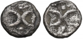 Greek Italy. Southern Apulia, Tarentum. AR Hemiobol, c. 280-228 BC. Obv. Two crescents back-to-back; Δ and two pellets around. Rev. Two crescents back...