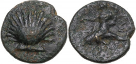 Greek Italy. Southern Apulia, Tarentum. AE 13,5mm, c. 275-200 BC. Obv. Shell. Rev. Phalantos riding dolphin left, holding cornucopiae and kantharos. H...