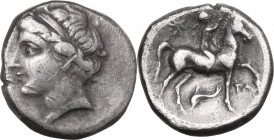 Greek Italy. Southern Apulia, Tarentum. Campano-Tarentine series. AR Didrachm, c. 281-228 BC. Obv. Diademed head of nymph left. Rev. Nude youth on hor...