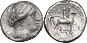 Greek Italy. Southern Apulia, 'Campano-Tarentine'. AR Nomos, 281-228 BC. Obv. Head of nymph right. Rev. Horseman right, crowning horse; below, dolphin...