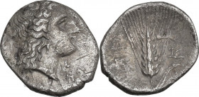 Greek Italy. Southern Lucania, Metapontum. AR Triobol, 430-400 BC. Obv. Head of Demeter right, wearing wreath of grain. Rev. Ear of barley: to right, ...