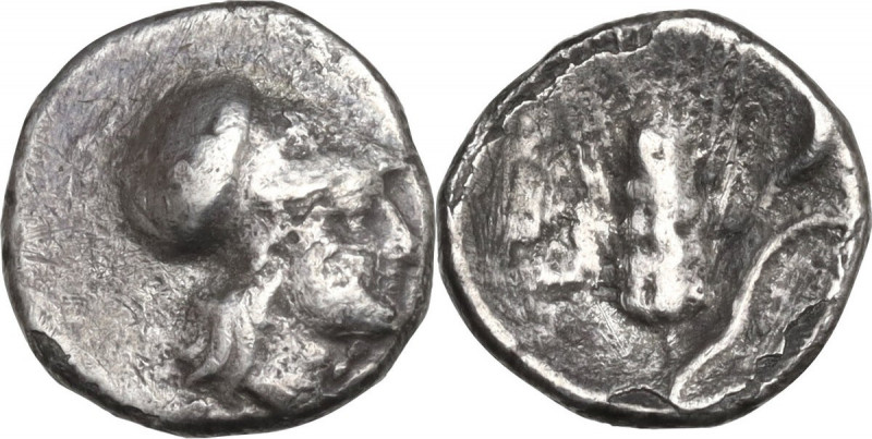 Greek Italy. Southern Lucania, Metapontum. AR Obol, c. 4th century BC. Obv. Head...