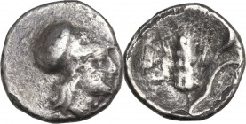 Greek Italy. Southern Lucania, Metapontum. AR Obol, c. 4th century BC. Obv. Head of Athena right, wearing Corinthian helmet. Rev. Corn-ear. Johnston F...