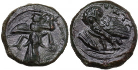 Greek Italy. Southern Lucania, Metapontum. AE 15 mm, c. 300-250 BC. Obv. Athena Alkidemos standing left, holding spear and shield. Rev. META. Owl stan...