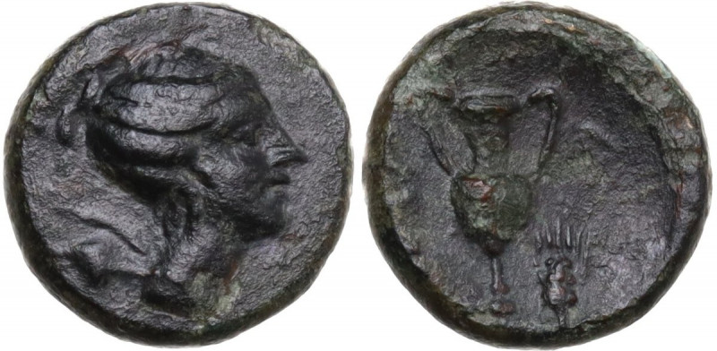 Greek Italy. Southern Lucania, Metapontum. AE 11.5 mm. c. 300-250 BC. Obv. Head ...