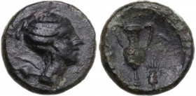 Greek Italy. Southern Lucania, Metapontum. AE 11.5 mm. c. 300-250 BC. Obv. Head of Artemis right, bow and quiver over shoulder. Rev. Two-handled krate...