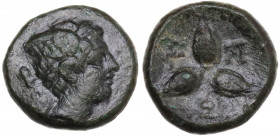Greek Italy. Southern Lucania, Metapontum. AE 12 mm. Late third century BC. Obv. Head of Hermes right, wearing winged diadem. Rev. Three barley-grains...