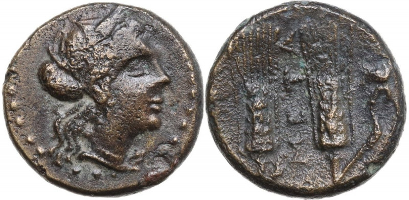 Greek Italy. Southern Lucania, Metapontum. AE 17.5 mm. c. 225-200 BC. Obv. Head ...