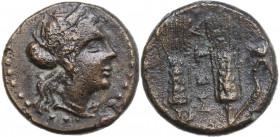 Greek Italy. Southern Lucania, Metapontum. AE 17.5 mm. c. 225-200 BC. Obv. Head of Demeter right, wearing wreath of barley ears. Rev. META. Two ears o...