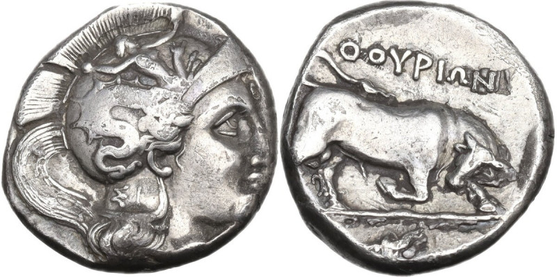 Greek Italy. Southern Lucania, Thurium. AR Stater, c. 350-300 BC. Obv. Head of A...