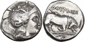 Greek Italy. Southern Lucania, Thurium. AR Stater, c. 350-300 BC. Obv. Head of Athena right, wearing Attic helmet decorated with Scylla; ΣΙ on neckgua...