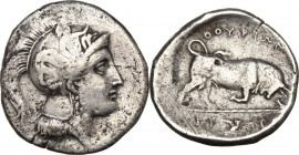Greek Italy. Southern Lucania, Thurium. AR Stater, 350-300 BC. Obv. Head of Athena right, wearing Attic helmet decorated with Scylla. Rev. Bull buttin...