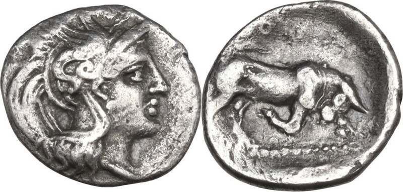 Greek Italy. Southern Lucania, Thurium. AR Obol, 350-300 BC. Obv. Head of Athena...