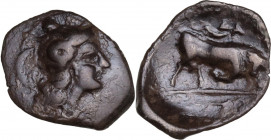 Greek Italy. Southern Lucania, Thurium. AR Triobol, 329-270 BC. Obv. Helmeted head of Athena right. Rev. Bull butting right; ΔA above, caduceus in exe...