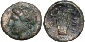 Greek Italy. Southern Lucania, Thurium. AE 15 mm, c. 280-260 BC. Obv. Head of Apollo left. Rev. ΘOY-ΡIΩN. Lyre; below, monogram. HGC 1 1290; HN Italy ...