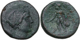 Greek Italy. Southern Lucania, Thurium. AE 16 mm, from 3rd century. Obv. Head of Artemis right, quiver over shoulder. Rev. ΚΛΕΩΝ. Apollo standing left...