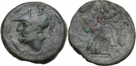 Greek Italy. Bruttium, The Brettii. AE Double (Didrachm). Final issue, 208-203 BC. Obv. Helmeted head of Ares left within wreath. Rev. BPETTIΩN. Athen...