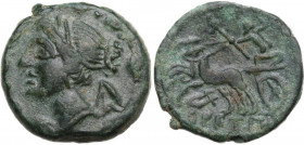 Greek Italy. Bruttium, The Brettii. AE Half Unit, c. 208-203 BC. Second Punic War issue. Obv. Winged and diademed bust of Nike left within wreath. Rev...