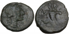 Sicily. Aitna. AE Sextans, c. 208-205 BC. Obv. Head of Persephone right. Rev. Cornucopiae; to right, two pellets. CNS III 11; HGC 2 71. AE. 2.70 g. 16...