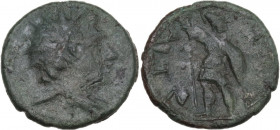 Sicily. Aitna. Roman Rule. AE Tetras, c. 210-150 BC. Obv. Radiate and draped bust of Helios right. Rev. Warrior standing left, holding spear and shiel...