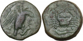 Sicily. Akragas. AE Hemilitron, end of 5th century-406 BC. Obv. Eagle standing on hare right. Rev. Crab; below, crayfish. CNS I 15; HGC 2 136. AE. 15....