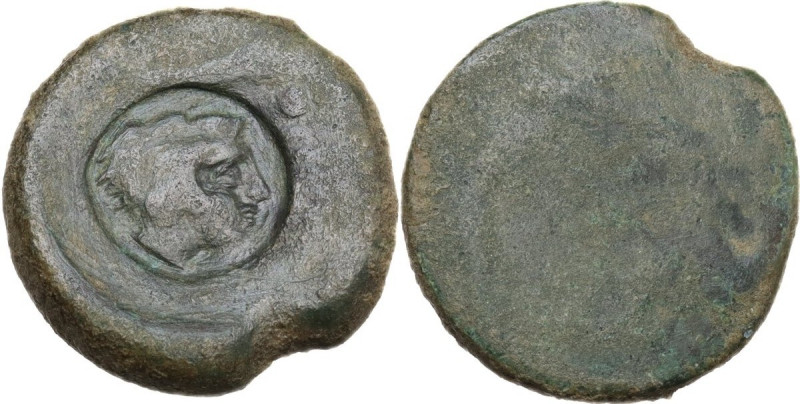 Sicily. Akragas. AE Tetras, c. 405-392 BC. Obv. Crab; countermark: head of Herak...