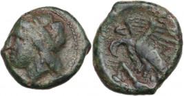Sicily. Akragas. AE 18 mm, c. 338-317/287 BC. Obv. Laureate head of Zeus Hellanios left. Rev. Two eagles standing left on hare. HGC 2 160; CNS I 136-1...