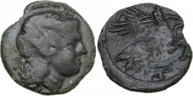Sicily. Akragas. AE 20.5 mm, c. 275-240 BC. Obv. Laureate head of Apollo right; K behind neck. Rev. Two eagles standing right on dead hare, one raisin...