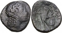 Sicily. Alaisa Archonidea. Roman Rule. AE 20 mm, after 204 BC. Obv. Head of Apollo right, laureate. Rev. Apollo standing left, leaning on lyre set on ...