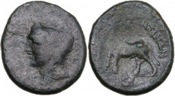 Sicily. Alontion. AE 21.5 mm, c. 241-210 BC. Obv. Male head left wearing Phrygian helmet. Rev. Man-headed bull standing left with water flowing from i...