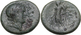 Sicily. Assoros. AE Hemilitron(?), late 1st century BC. Obv. ASSORV. Laureate head of Apollo right. Rev. Chrysas standing left, holding kantharos and ...