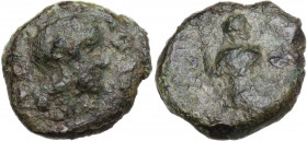 Sicily. ATL. AE Trias, C. 340-330 BC. Obv. Head of Athena right, helmeted. Rev. Female figure seated right, holding sceptre. HGC 2 233; CNS III 2. AE....