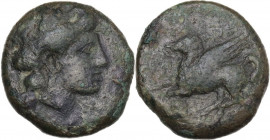 Sicily. Entella. Campanian mercenaries. AE 13.5 mm, c. 307-305 BC. Obv. Wreathed head of Persephone right. Rev. Pegasos flying left; [helmet to lower ...