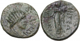 Sicily. Entella. L. Sempronius Atratinus. AE 22.5 mm, after 210 BC. Obv. Bust of Helios right, radiate, draped. Rev. Tyche standing left, holding pate...