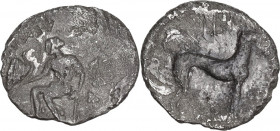 Sicily. Eryx. AR Litra, 409-400 BC. Obv. Aphrodite seated left, holding dove. Rev. Dog right. SNG ANS 1345; SNG Lloyd 944. AR. 12.00 mm. Lightly toned...