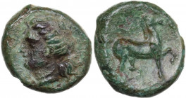 Sicily. Eryx. AE 16 mm, c. 4th century BC. Obv. Female head left. Rev. Horse prancing right. HGC 2 328; CNS I 20-21. AE. 4.26 g. 16.00 mm. R. Nice gre...