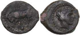 Sicily. Gela. AE Onkia, c. 420-405 BC. Obv. Bull standing left; pellet in exergue. Rev. Horned head of Gelas right. CNS III 29; HGC 2 382. AE. 1.30 g....