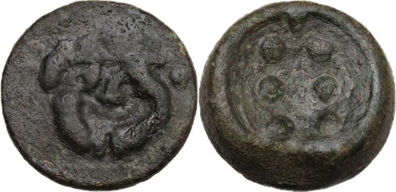 Sicily. Himera. AE Hemilitron-Hexonkion, c. 430-420 BC-. Obv. Gorgoneion facing....