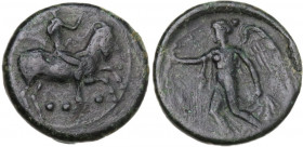 Sicily. Himera. AE Tetras-Trionkion, c. 420-415 BC. Obv. Pan riding goat prancing right, blowing conch and holding lagobolon; below, three pellets. Re...