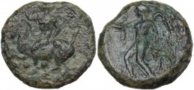 Sicily. Himera. AE Tetras-Trionkion, c. 420-415 BC. Obv. Pan riding goat prancing left, blowing conch and holding lagobolon; below, three pellets. Rev...