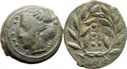 Sicily. Himera. AE Hemilitron, before 407 BC. Obv. Head of nymph left; before, six pellets. Rev. Six pellets within wreath. HGC 2 479; CNS I 35. AE. 3...