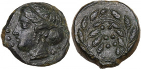 Sicily. Himera. AE Hemilitron-Hexonkion, c. 415-409 BC. Obv. Female head left, wearing sphendone; before, six pellets. Rev. Six pellets in rosette pat...