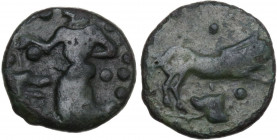Sicily. Himera. AE Hexas or Dionkion, c. 420-409/8 BC. Obv. Nymph (Himera?) standing left; before, hound's head; two pellets across fields. Rev. Boar ...
