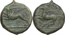 Sicily. Kainon. AE 23 mm, c. 360-340 BC. Obv. Griffin springing left. Rev. Horse prancing left, trailing rein. HGC 2 509; CNS I 1. AE. 7.60 g. 20.00 m...