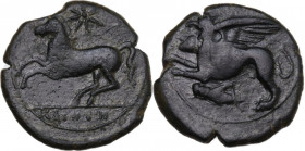Sicily. Kainon. AE 23 mm. c. 360-340 BC. Obv. Griffin springing left; below, grasshopper left. Rev. Horse prancing left; above, star. HGC 2 509; CNS I...