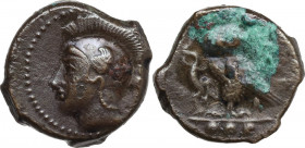 Sicily. Kamarina. AE Tetras, c. 410-405 BC. Obv. Helmeted head of Athena left. Rev. Owl standing left, with closed wings, holding lizard in its talons...