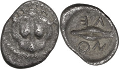 Sicily. Leontini. AR Litra, 460-450 BC. Obv. Scalp of lion facing. Rev. Barley corn. SNG ANS 213; SNG Cop. 342; SNG München 546. AR. 12.00 mm. Lightly...